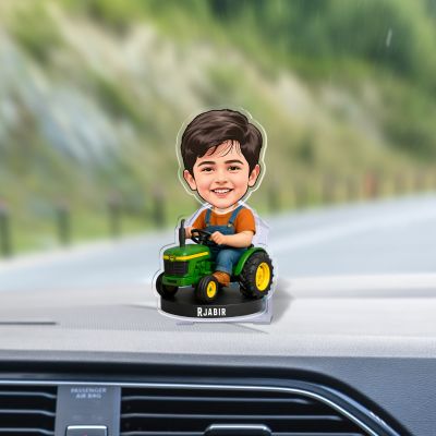 Personalized Little Boy on Tractor Bobblehead Caricature Standee Custom Photo Acrylic Cutout with Name, Unique Gift for Kids, Son, or Grandson Battery Powered Moving Head Feature